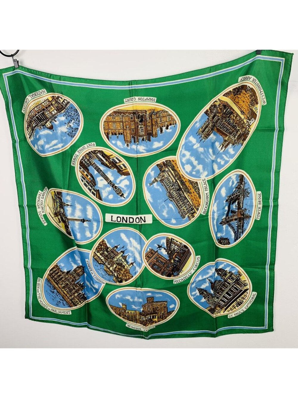 Square Scarf Wrap Green London Piccadilly Big Ben Buckingham Palace VINTAGE HD20